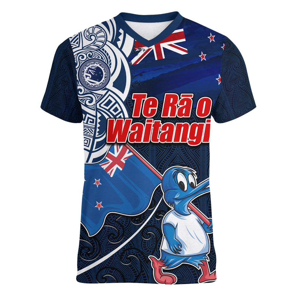 New Zealand Waitangi Women V Neck T Shirt Te Ra O Waitangi Maori Kiwis Bird LT03 Female Blue - Polynesian Pride