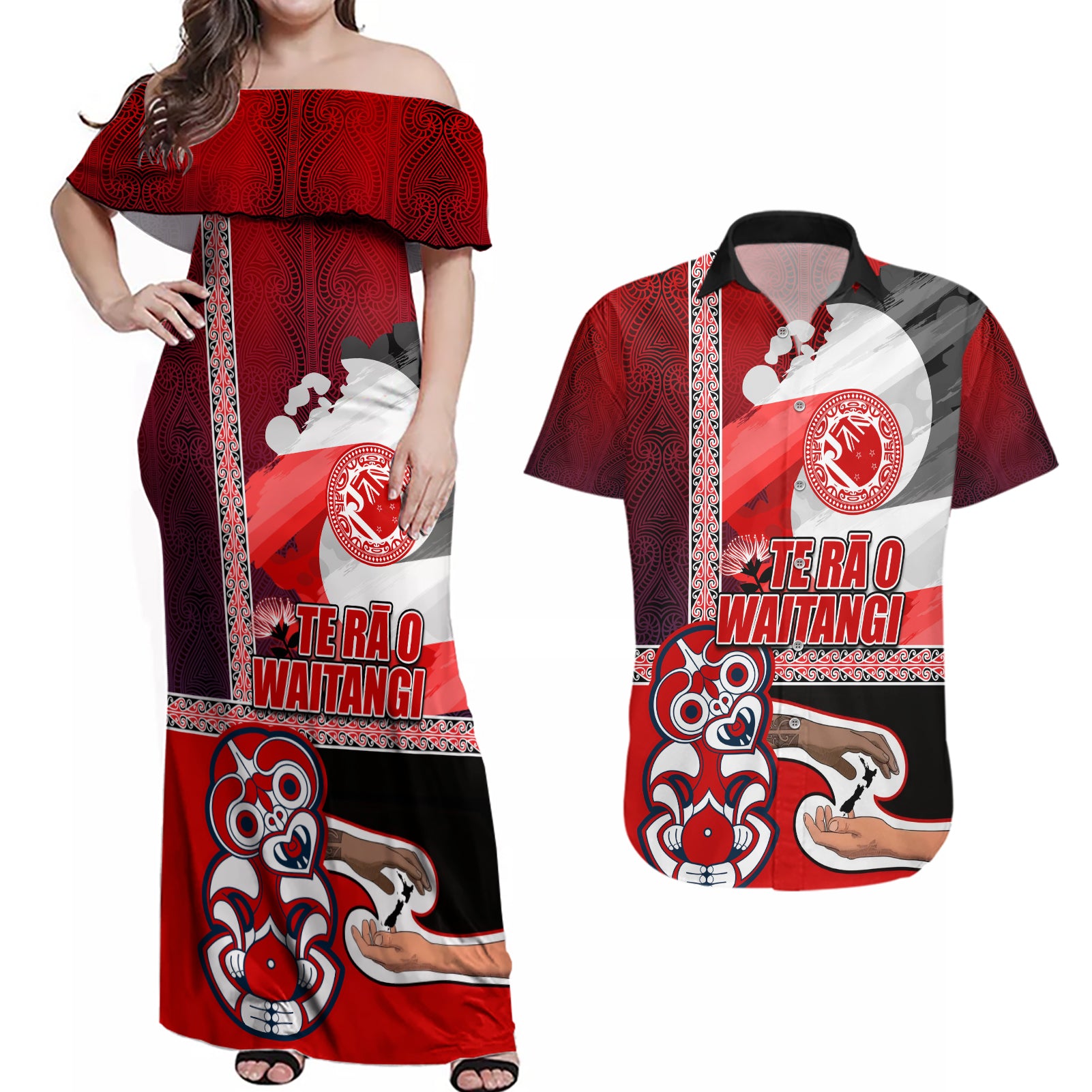 Maori Waitangi Couples Matching Off Shoulder Maxi Dress and Hawaiian Shirt Hei-tiki Koru with Tino Rangatiratanga Maori Flag LT03 Red - Polynesian Pride