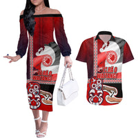Maori Waitangi Couples Matching Off The Shoulder Long Sleeve Dress and Hawaiian Shirt Hei-tiki Koru with Tino Rangatiratanga Maori Flag LT03 Red - Polynesian Pride