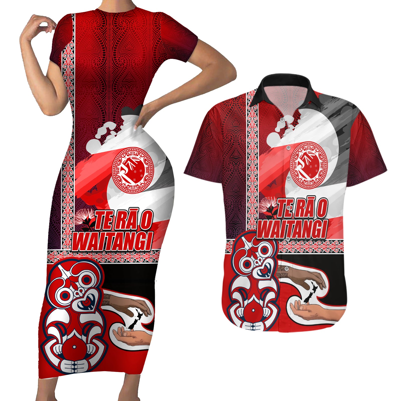 Maori Waitangi Couples Matching Short Sleeve Bodycon Dress and Hawaiian Shirt Hei-tiki Koru with Tino Rangatiratanga Maori Flag LT03 Red - Polynesian Pride