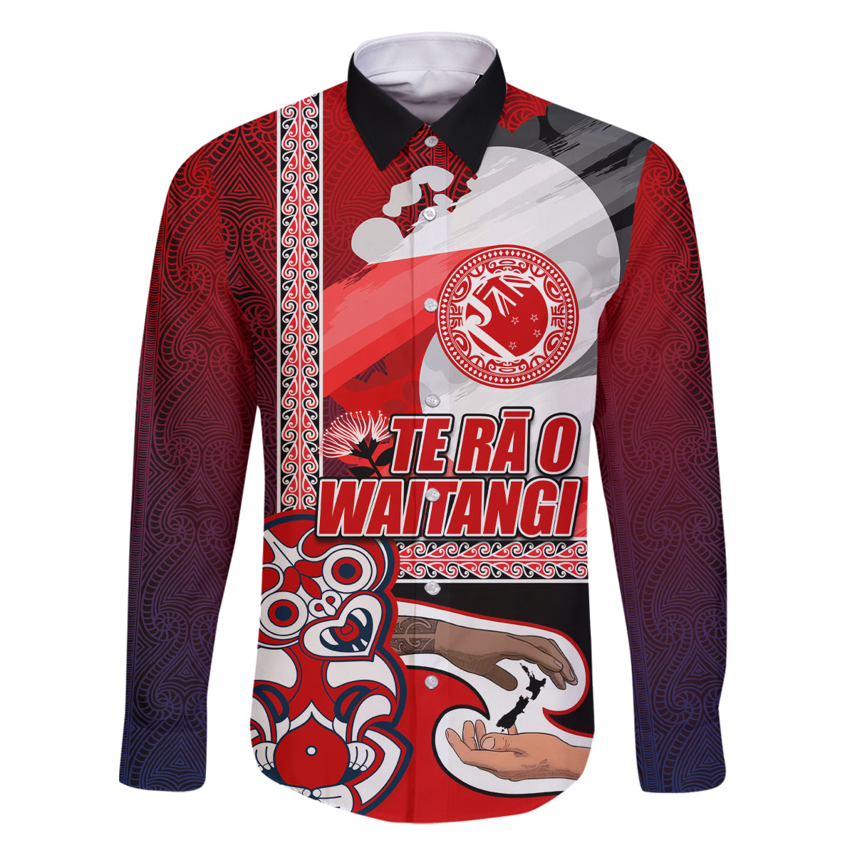 Maori Waitangi Family Matching Off Shoulder Maxi Dress and Hawaiian Shirt Hei-tiki Koru with Tino Rangatiratanga Maori Flag LT03 Dad's Shirt - Long Sleeve Red - Polynesian Pride