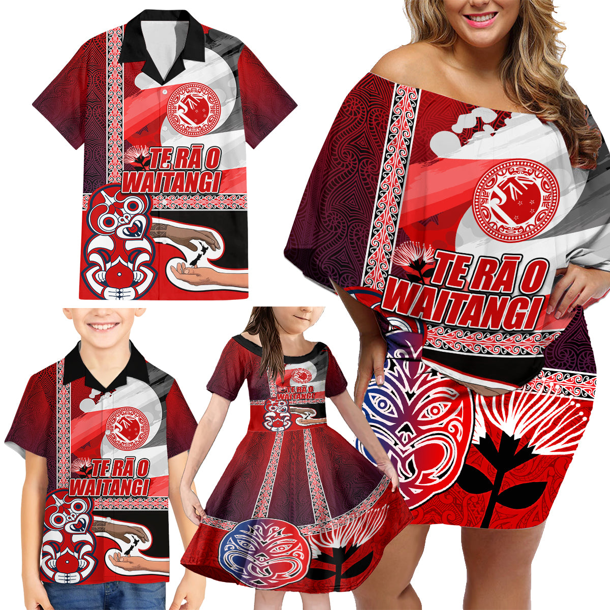 Maori Waitangi Family Matching Off Shoulder Short Dress and Hawaiian Shirt Hei-tiki Koru with Tino Rangatiratanga Maori Flag LT03 - Polynesian Pride