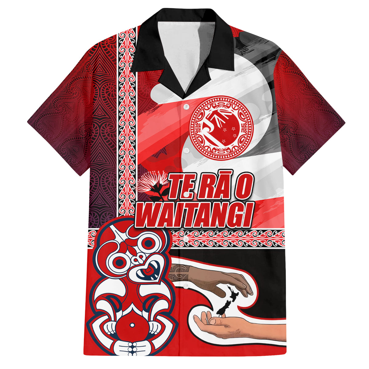 Maori Waitangi Family Matching Summer Maxi Dress and Hawaiian Shirt Hei-tiki Koru with Tino Rangatiratanga Maori Flag LT03 Dad's Shirt - Short Sleeve Red - Polynesian Pride