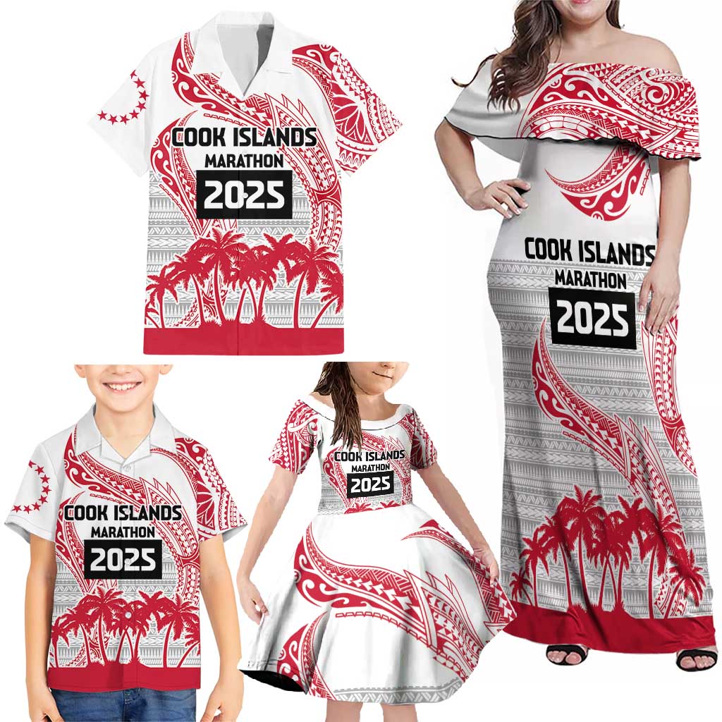 Cook Islands Marathon 2025-Pursuit in Paradise Family Matching Off Shoulder Maxi Dress and Hawaiian Shirt Red Color