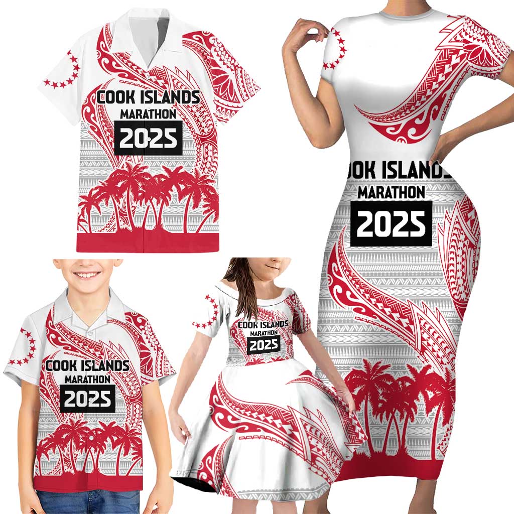 Cook Islands Marathon 2025-Pursuit in Paradise Family Matching Short Sleeve Bodycon Dress and Hawaiian Shirt Red Color