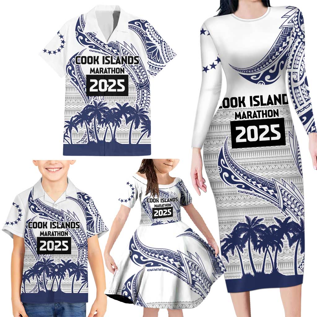 Cook Islands Marathon 2025-Pursuit in Paradise Family Matching Long Sleeve Bodycon Dress and Hawaiian Shirt Blue Color