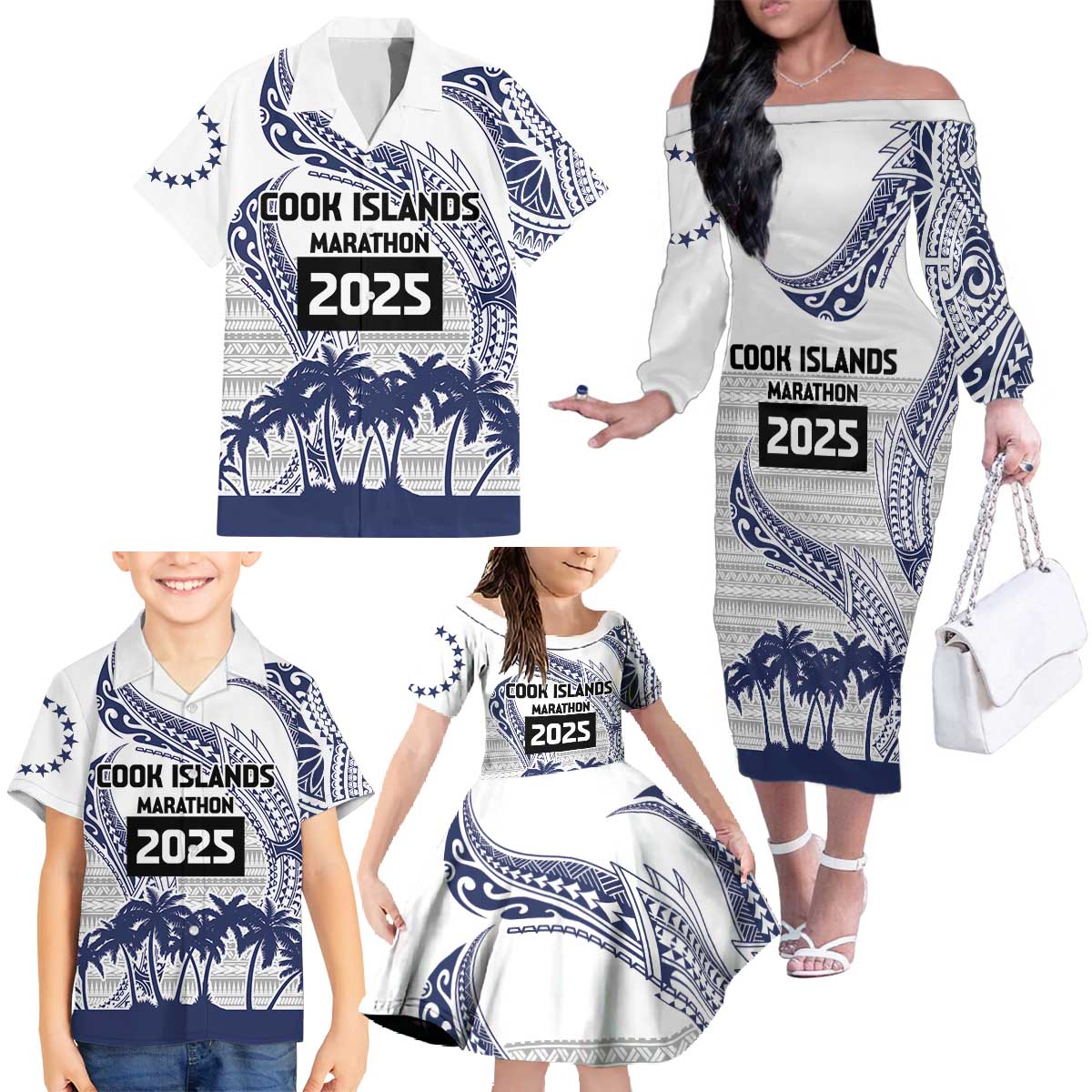 Cook Islands Marathon 2025-Pursuit in Paradise Family Matching Off The Shoulder Long Sleeve Dress and Hawaiian Shirt Blue Color