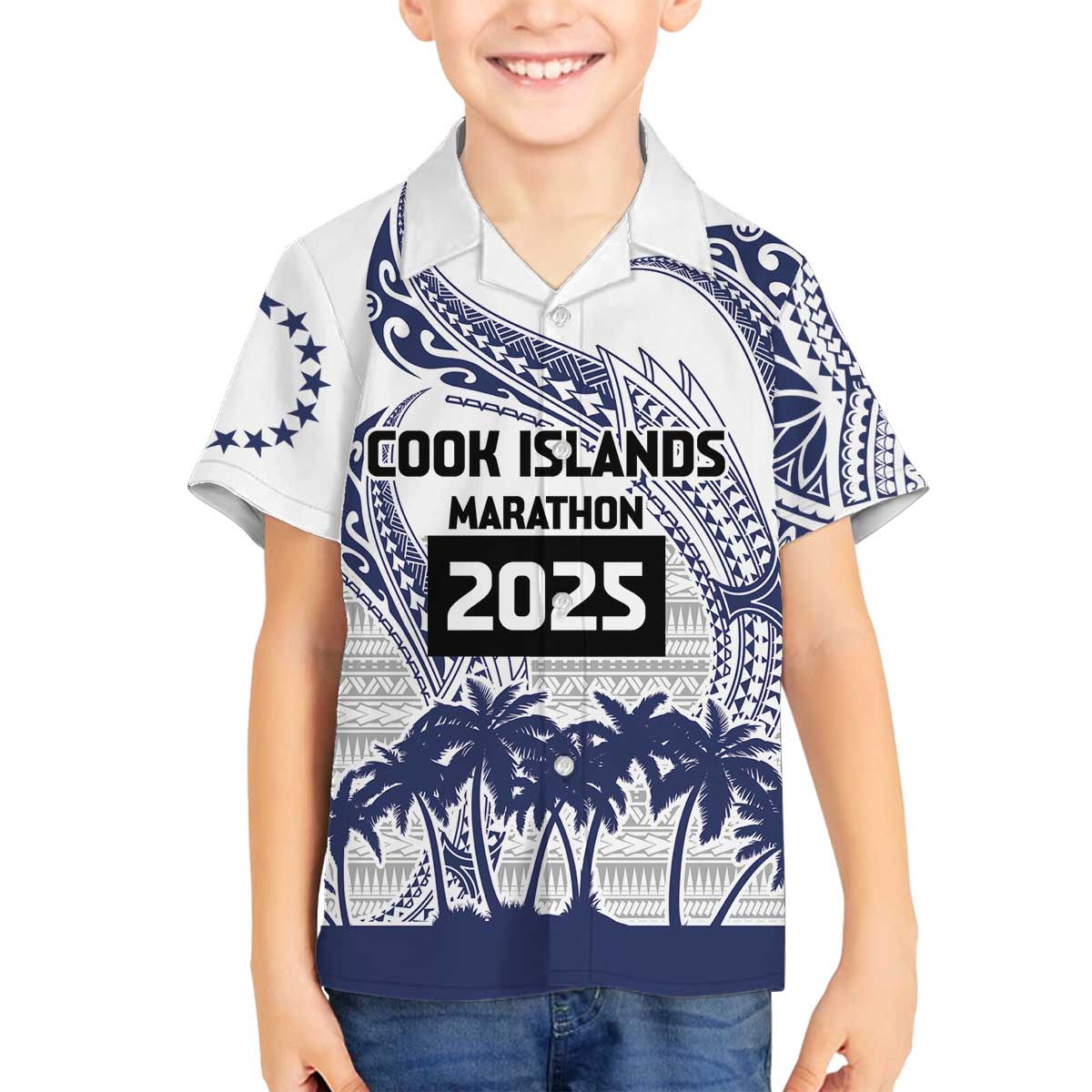 Cook Islands Marathon 2025-Pursuit in Paradise Family Matching Off The Shoulder Long Sleeve Dress and Hawaiian Shirt Blue Color