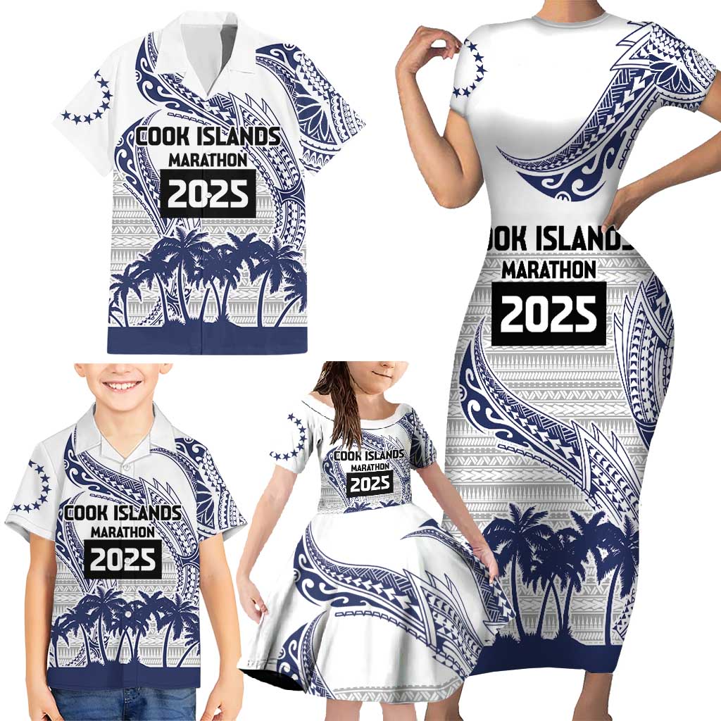 Cook Islands Marathon 2025-Pursuit in Paradise Family Matching Short Sleeve Bodycon Dress and Hawaiian Shirt Blue Color