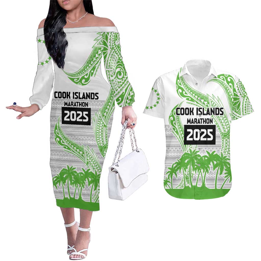 Cook Islands Marathon 2025-Pursuit in Paradise Couples Matching Off The Shoulder Long Sleeve Dress and Hawaiian Shirt Green Color LT03 Green - Polynesian Pride