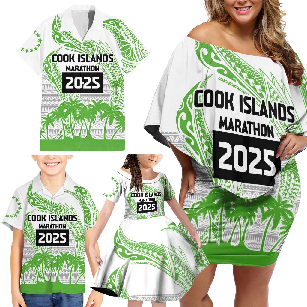 Cook Islands Marathon 2025-Pursuit in Paradise Family Matching Off Shoulder Short Dress and Hawaiian Shirt Green Color