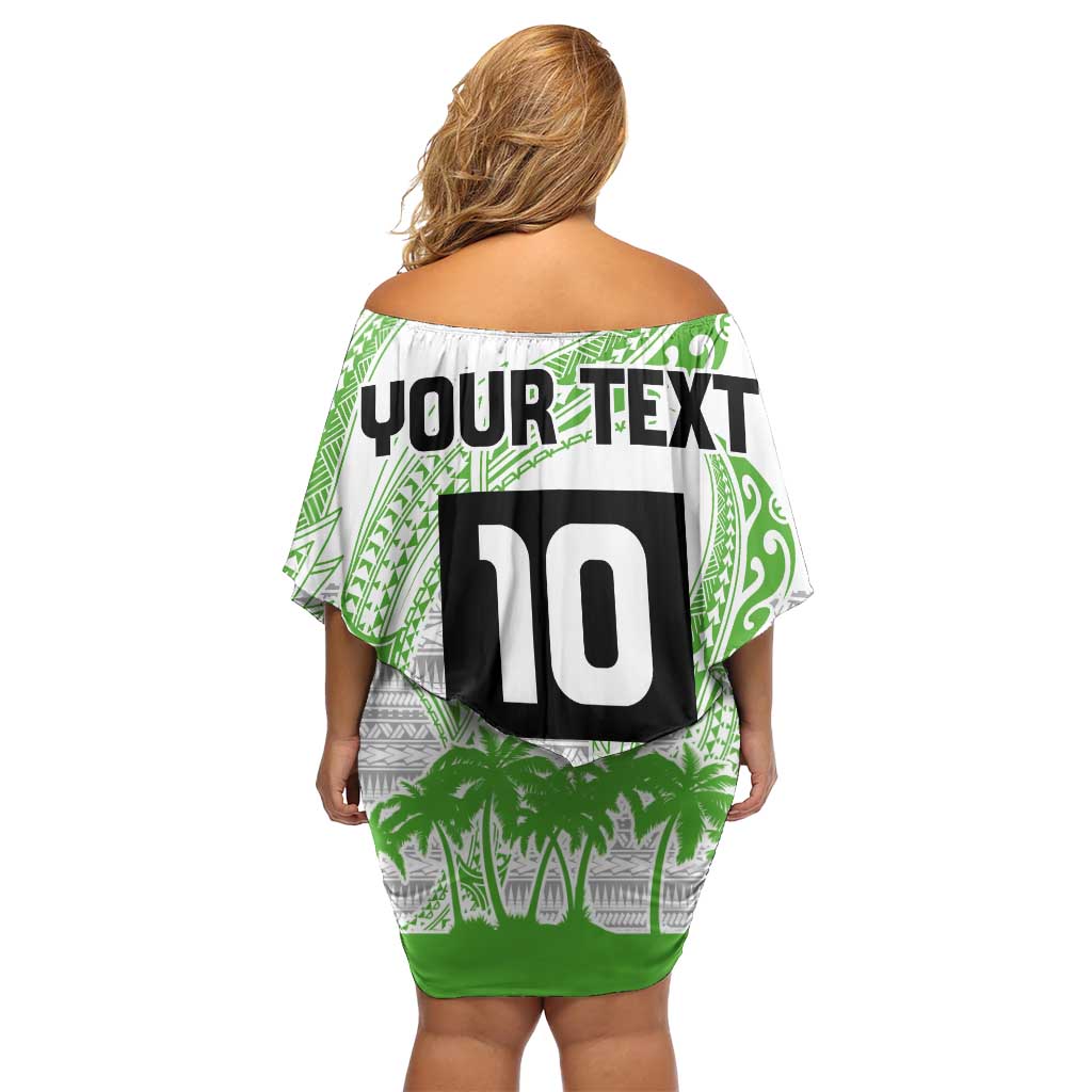 Cook Islands Marathon 2025-Pursuit in Paradise Family Matching Off Shoulder Short Dress and Hawaiian Shirt Green Color