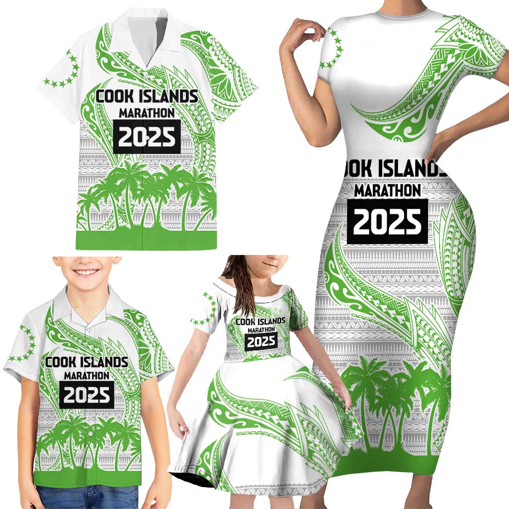 Cook Islands Marathon 2025-Pursuit in Paradise Family Matching Short Sleeve Bodycon Dress and Hawaiian Shirt Green Color