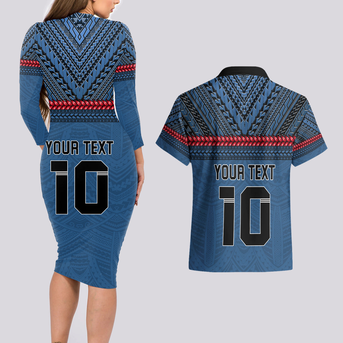 Custom Toa Samoa Rugby Couples Matching Long Sleeve Bodycon Dress and Hawaiian Shirt Samoan Warrior Ula Fala Tribal Pattern LT03