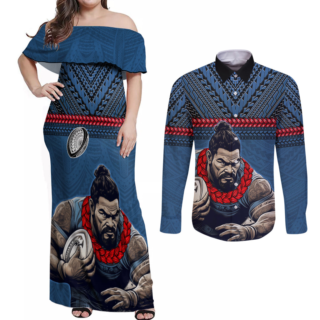 Custom Toa Samoa Rugby Couples Matching Off Shoulder Maxi Dress and Long Sleeve Button Shirt Samoan Warrior Ula Fala Tribal Pattern LT03