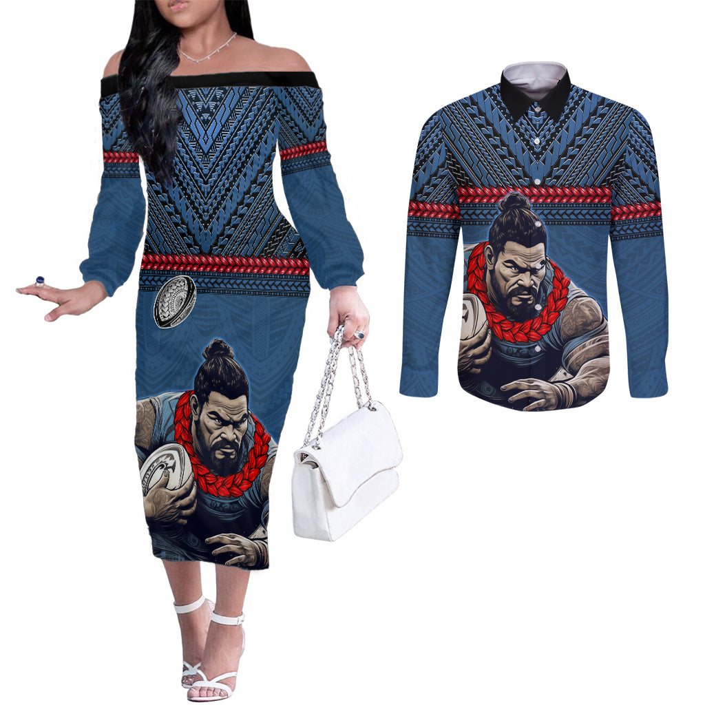 Custom Toa Samoa Rugby Couples Matching Off The Shoulder Long Sleeve Dress and Long Sleeve Button Shirt Samoan Warrior Ula Fala Tribal Pattern LT03