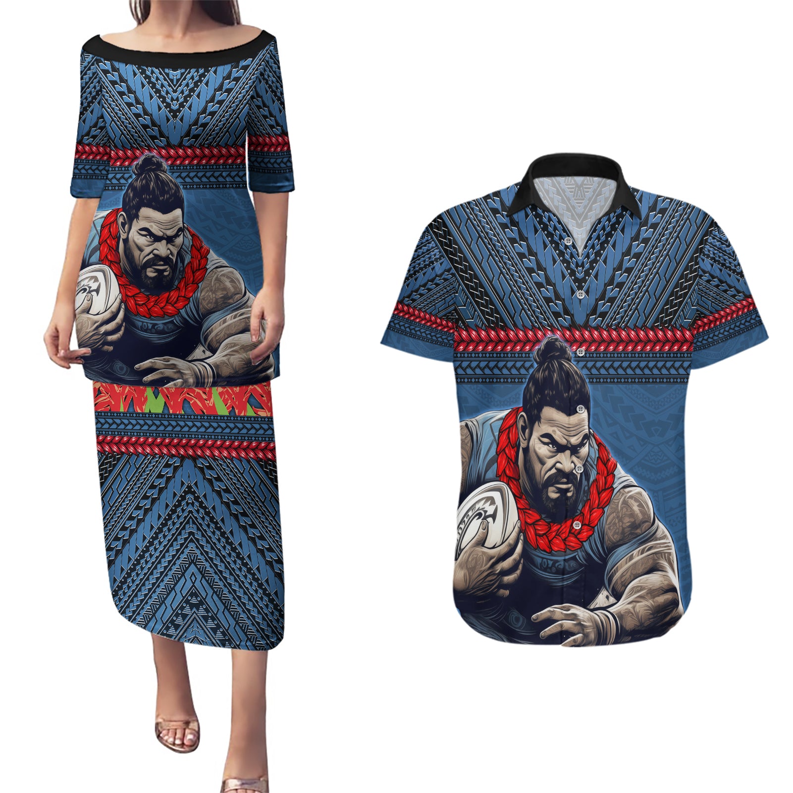 Custom Toa Samoa Rugby Couples Matching Puletasi and Hawaiian Shirt Samoan Warrior Ula Fala Tribal Pattern LT03