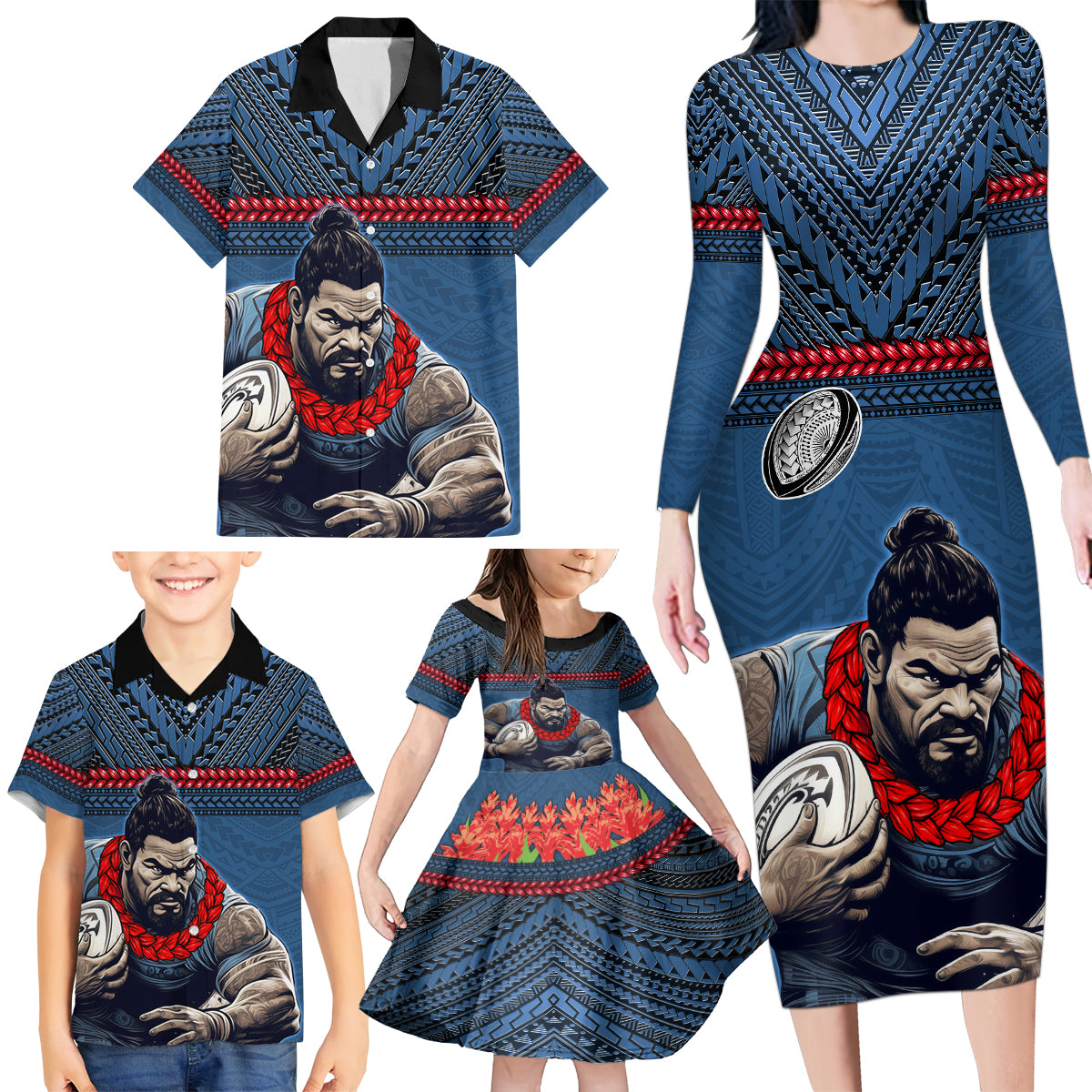 Custom Toa Samoa Rugby Family Matching Long Sleeve Bodycon Dress and Hawaiian Shirt Samoan Warrior Ula Fala Tribal Pattern LT03