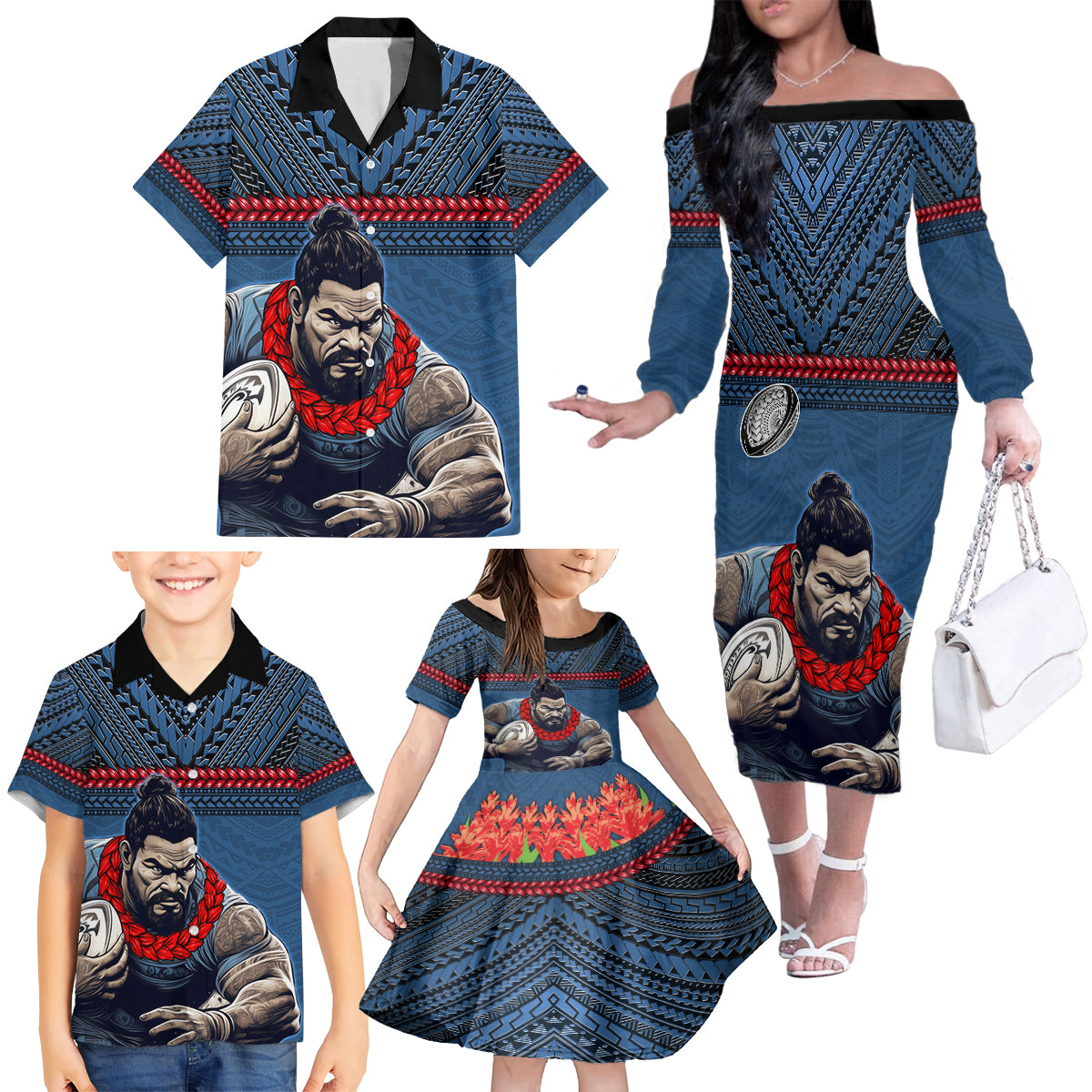 Custom Toa Samoa Rugby Family Matching Off The Shoulder Long Sleeve Dress and Hawaiian Shirt Samoan Warrior Ula Fala Tribal Pattern LT03