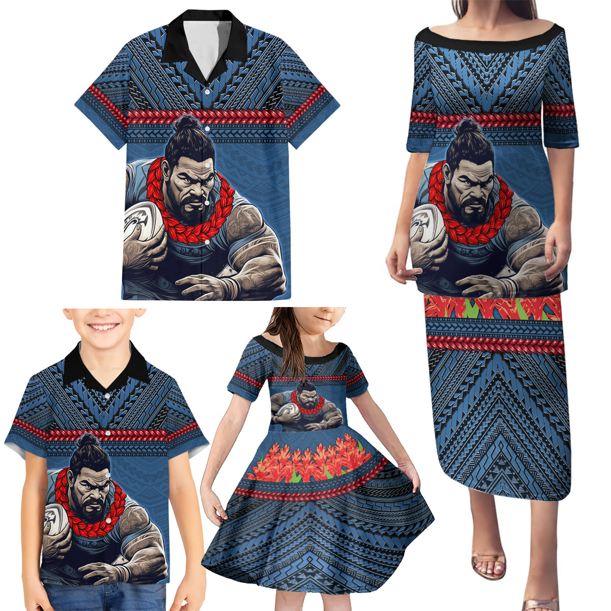 Custom Toa Samoa Rugby Family Matching Puletasi and Hawaiian Shirt Samoan Warrior Ula Fala Tribal Pattern LT03