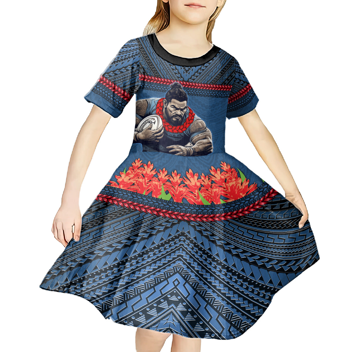 Custom Toa Samoa Rugby Kid Short Sleeve Dress Samoan Warrior Ula Fala Tribal Pattern LT03