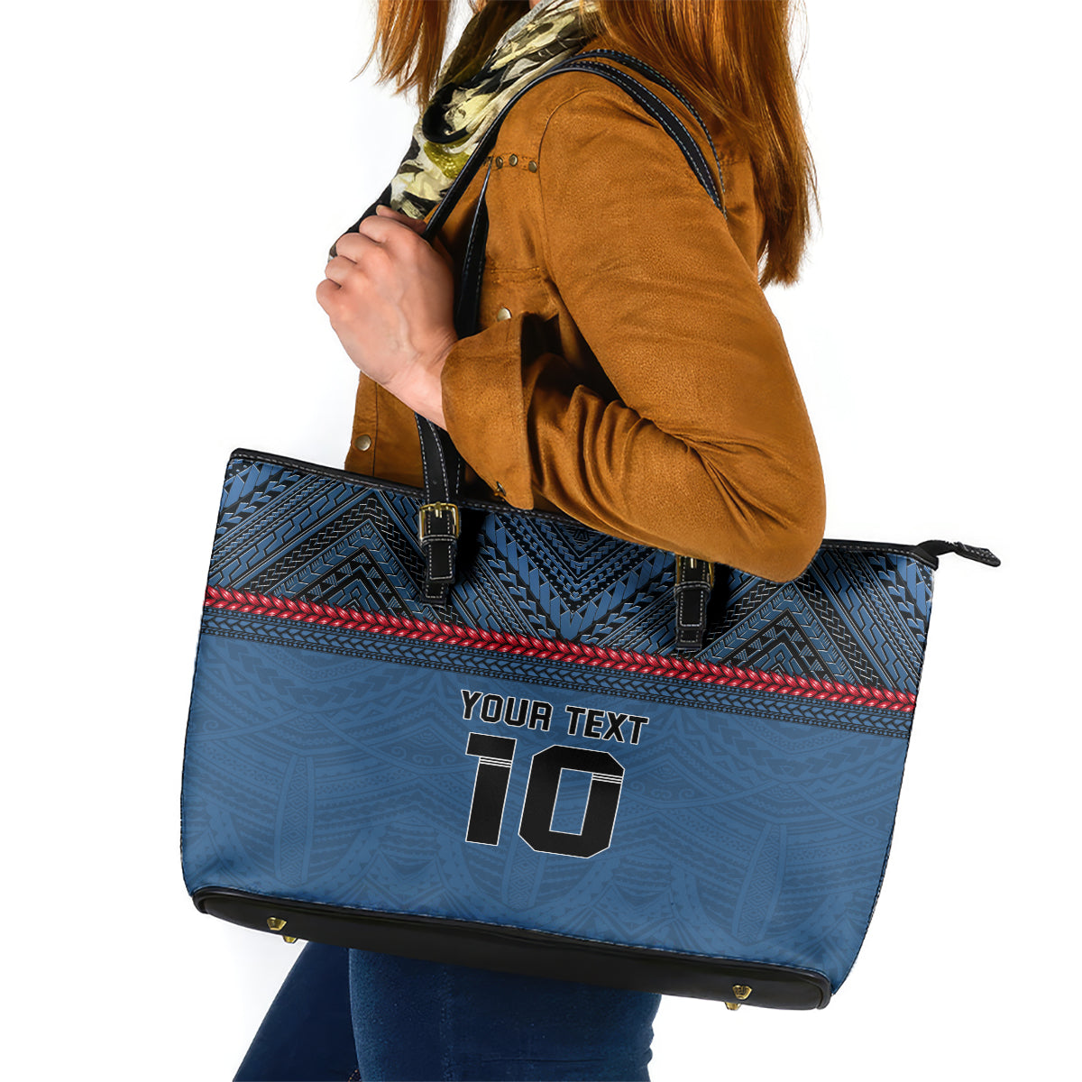 Custom Toa Samoa Rugby Leather Tote Bag Samoan Warrior Ula Fala Tribal Pattern LT03 Blue - Polynesian Pride