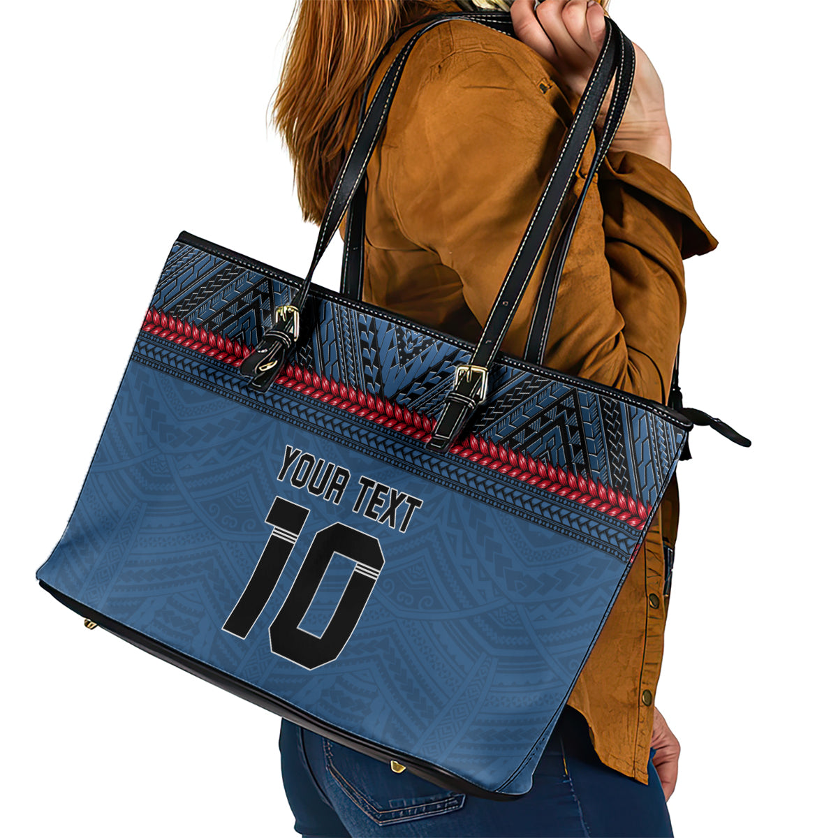 Custom Toa Samoa Rugby Leather Tote Bag Samoan Warrior Ula Fala Tribal Pattern LT03 - Polynesian Pride