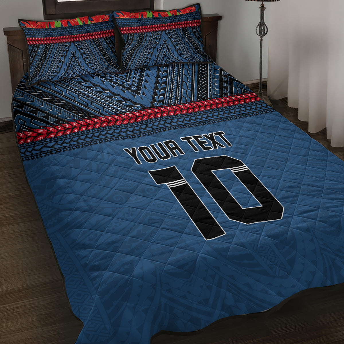 Custom Toa Samoa Rugby Quilt Bed Set Samoan Warrior Ula Fala Tribal Pattern LT03 Blue - Polynesian Pride