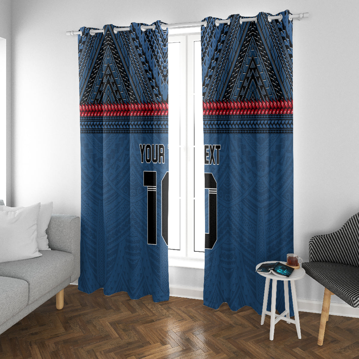 Custom Toa Samoa Rugby Window Curtain Samoan Warrior Ula Fala Tribal Pattern LT03 With Grommets Blue - Polynesian Pride
