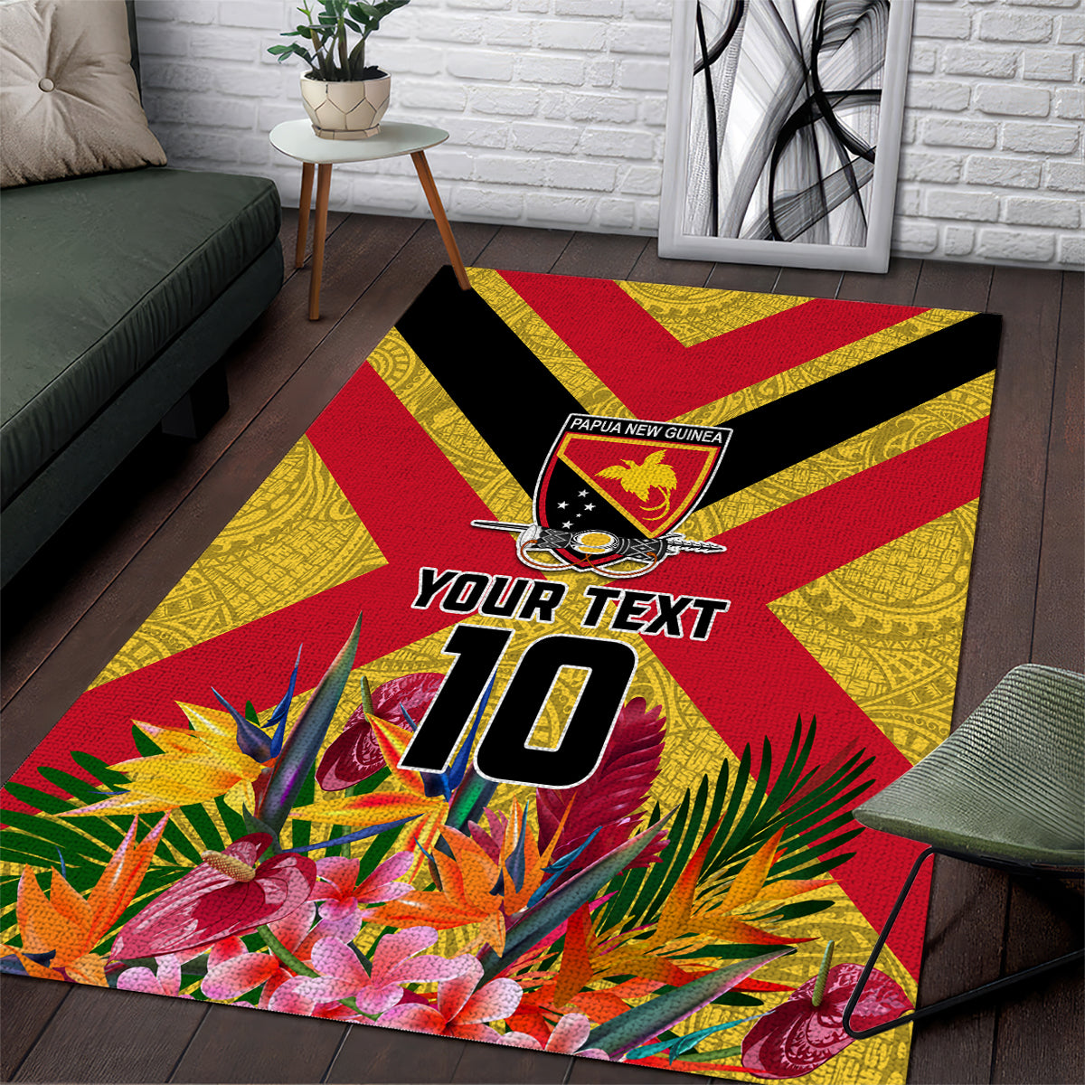 Custom Papua New Guinea Rugby Area Rug Bird of Paradise and Hibiscus Polynesian Pattern Yellow Color