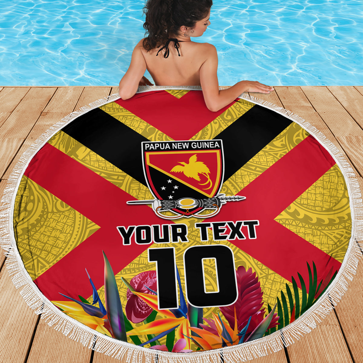 Custom Papua New Guinea Rugby Beach Blanket Bird of Paradise and Hibiscus Polynesian Pattern Yellow Color LT03 - Polynesian Pride