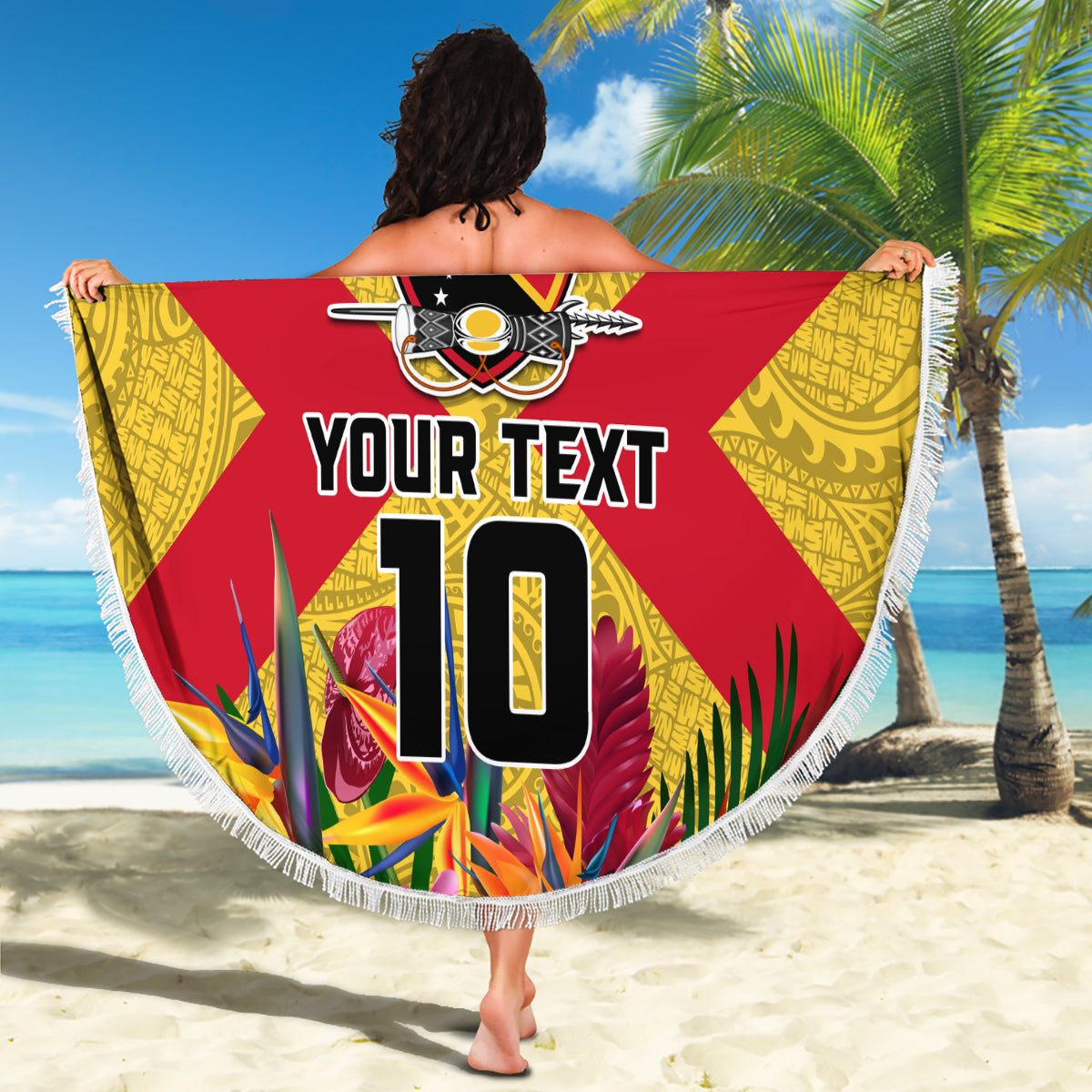 Custom Papua New Guinea Rugby Beach Blanket Bird of Paradise and Hibiscus Polynesian Pattern Yellow Color LT03 - Polynesian Pride