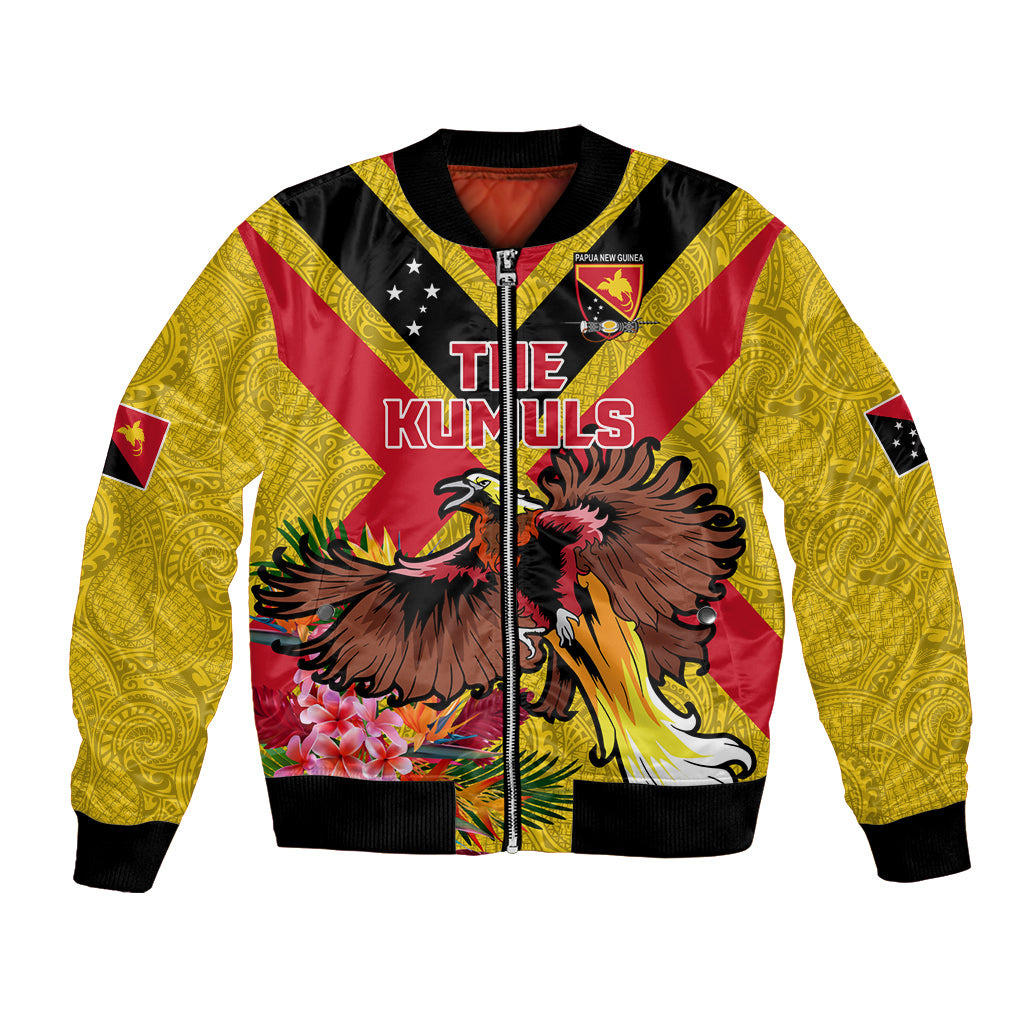 Custom Papua New Guinea Rugby Bomber Jacket Bird of Paradise and Hibiscus Polynesian Pattern Yellow Color LT03 Unisex Yellow - Polynesian Pride