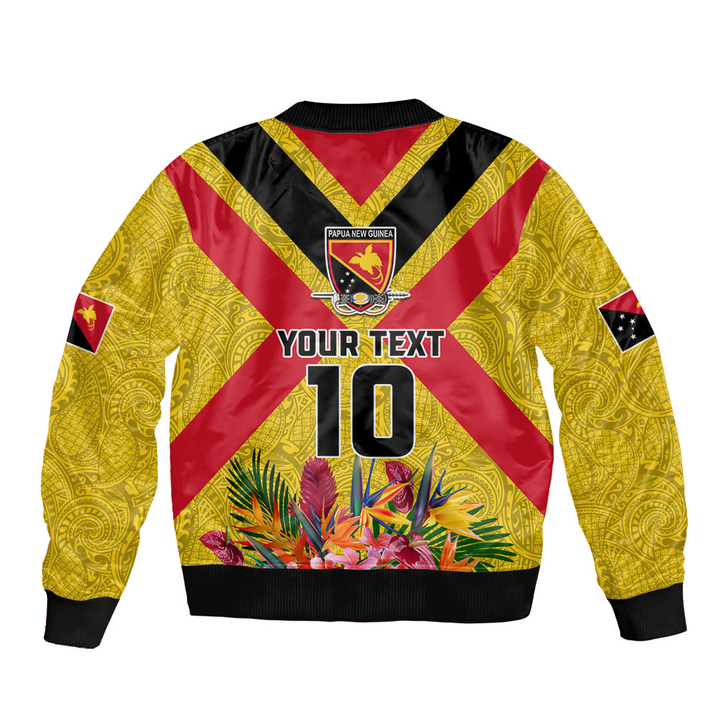 Custom Papua New Guinea Rugby Bomber Jacket Bird of Paradise and Hibiscus Polynesian Pattern Yellow Color LT03 - Polynesian Pride