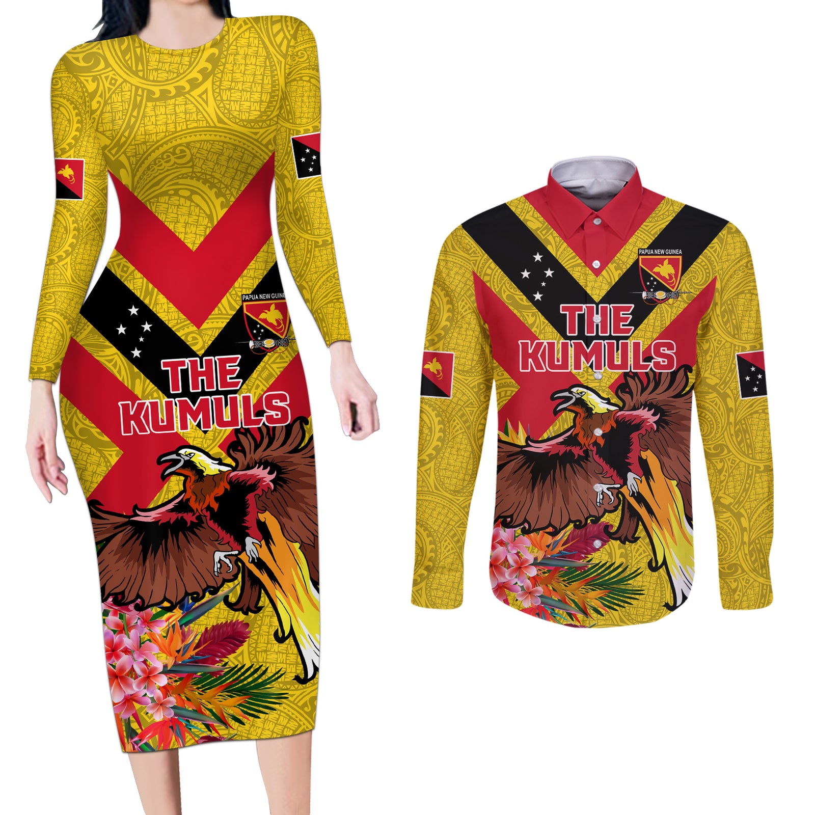 Custom Papua New Guinea Rugby Couples Matching Long Sleeve Bodycon Dress and Long Sleeve Button Shirt Bird of Paradise and Hibiscus Polynesian Pattern Yellow Color LT03 Yellow - Polynesian Pride