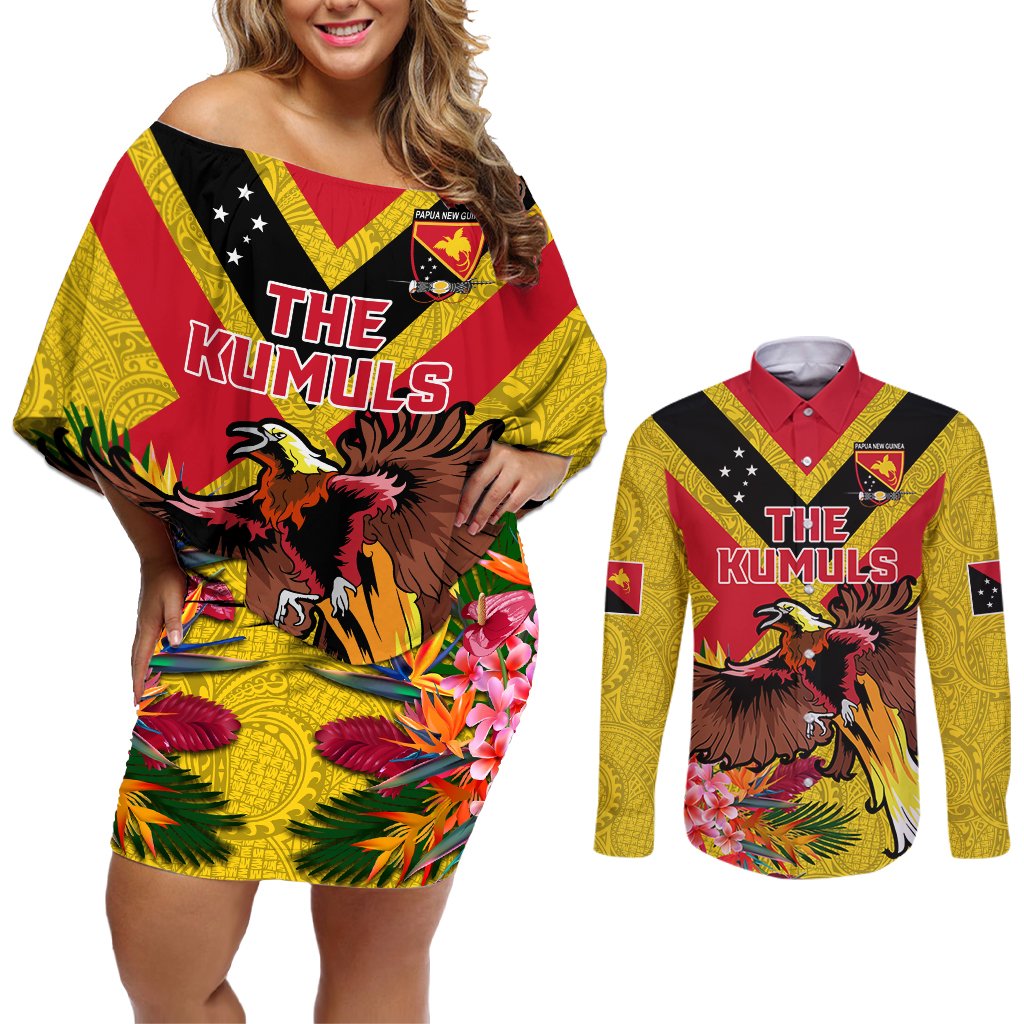 Custom Papua New Guinea Rugby Couples Matching Off Shoulder Short Dress and Long Sleeve Button Shirt Bird of Paradise and Hibiscus Polynesian Pattern Yellow Color LT03 Yellow - Polynesian Pride