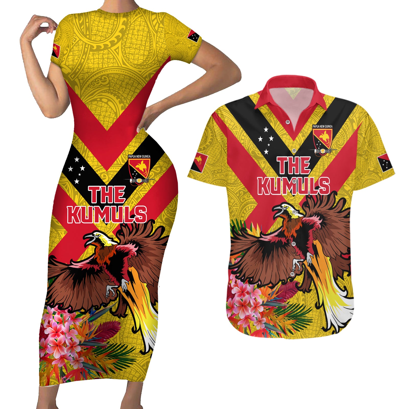 Custom Papua New Guinea Rugby Couples Matching Short Sleeve Bodycon Dress and Hawaiian Shirt Bird of Paradise and Hibiscus Polynesian Pattern Yellow Color LT03