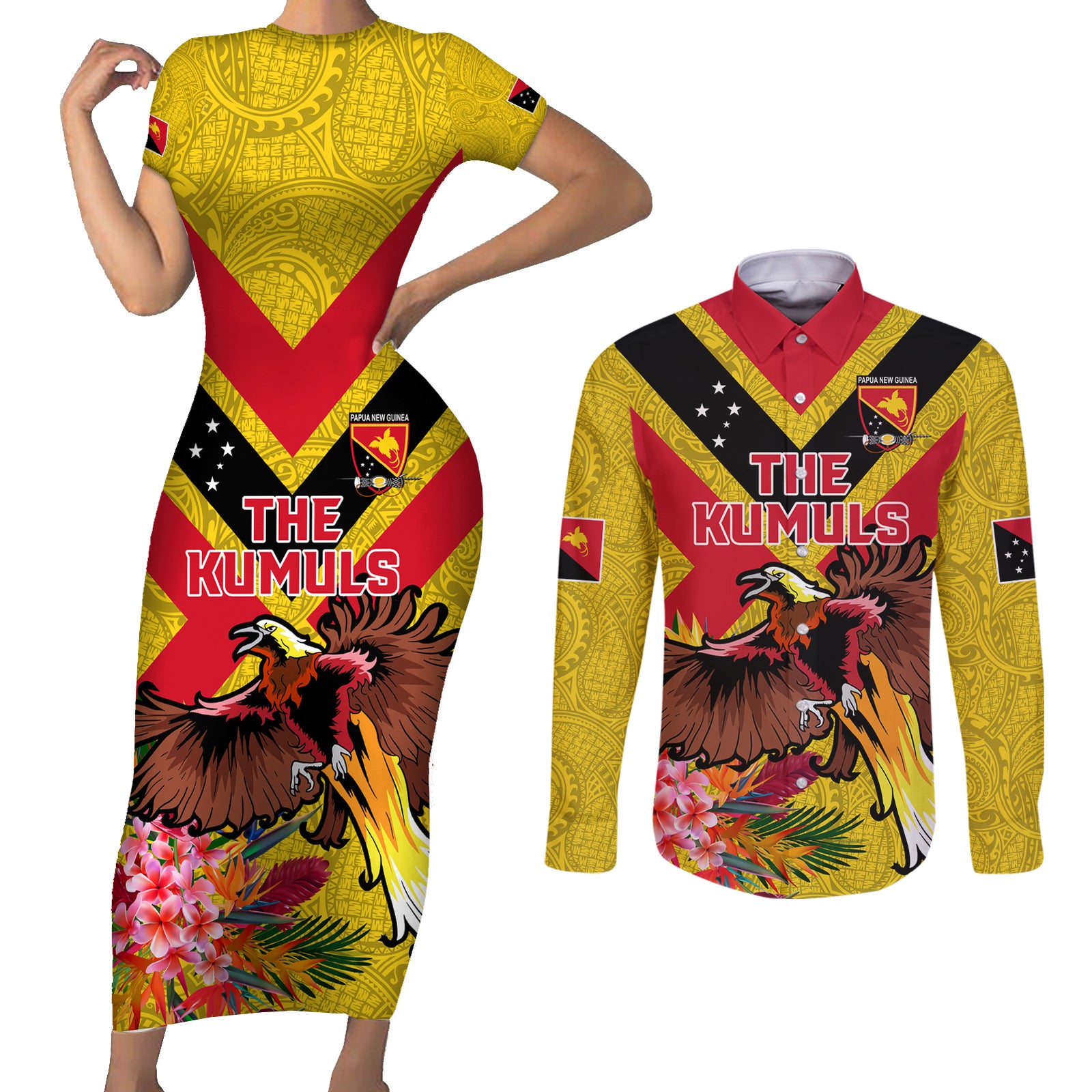 Custom Papua New Guinea Rugby Couples Matching Short Sleeve Bodycon Dress and Long Sleeve Button Shirt Bird of Paradise and Hibiscus Polynesian Pattern Yellow Color LT03 Yellow - Polynesian Pride