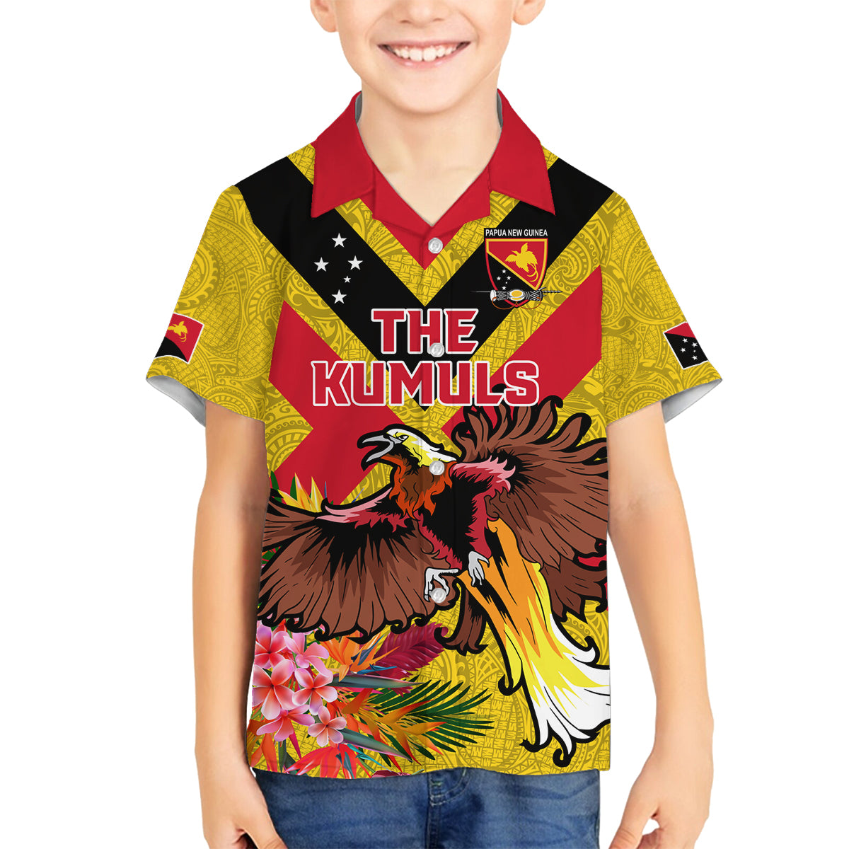 Custom Papua New Guinea Rugby Family Matching Long Sleeve Bodycon Dress and Hawaiian Shirt Bird of Paradise and Hibiscus Polynesian Pattern Yellow Color LT03