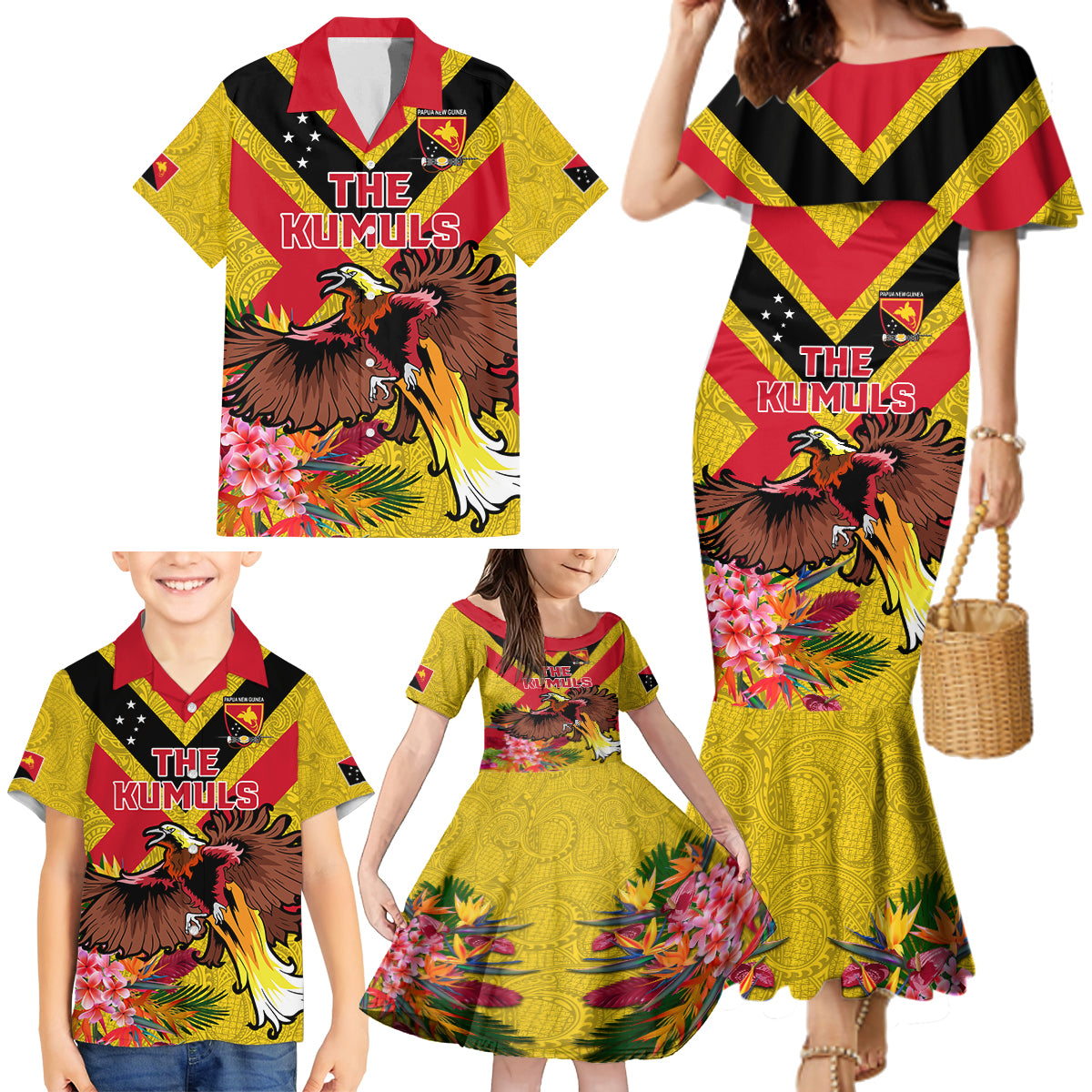 Custom Papua New Guinea Rugby Family Matching Mermaid Dress and Hawaiian Shirt Bird of Paradise and Hibiscus Polynesian Pattern Yellow Color LT03 - Polynesian Pride