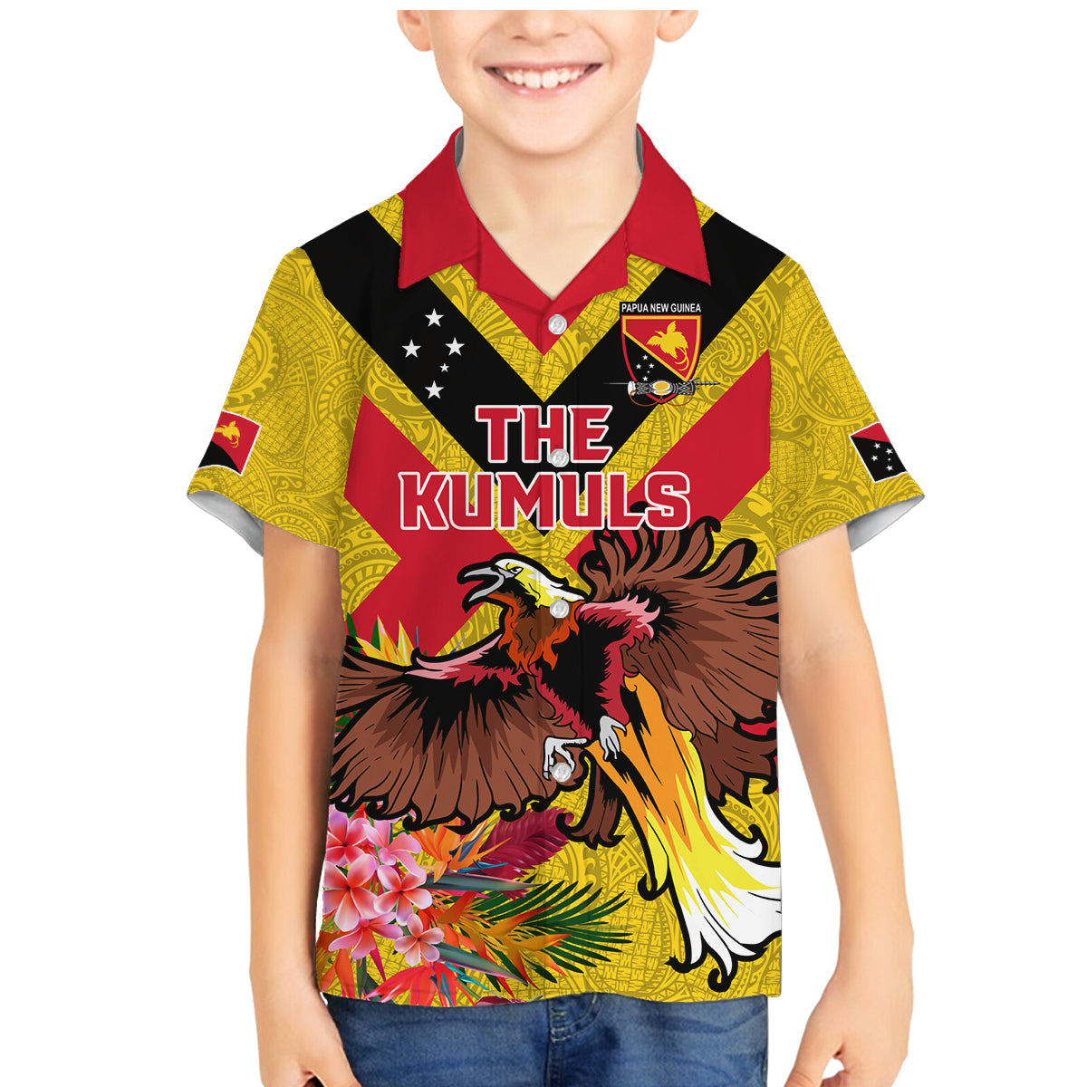 Custom Papua New Guinea Rugby Family Matching Mermaid Dress and Hawaiian Shirt Bird of Paradise and Hibiscus Polynesian Pattern Yellow Color LT03