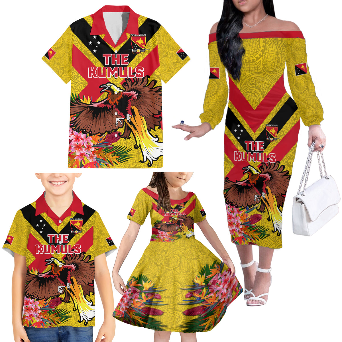 Custom Papua New Guinea Rugby Family Matching Off The Shoulder Long Sleeve Dress and Hawaiian Shirt Bird of Paradise and Hibiscus Polynesian Pattern Yellow Color LT03 - Polynesian Pride