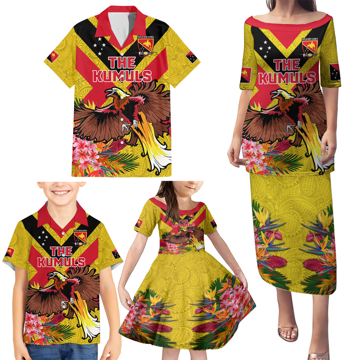 Custom Papua New Guinea Rugby Family Matching Puletasi and Hawaiian Shirt Bird of Paradise and Hibiscus Polynesian Pattern Yellow Color LT03