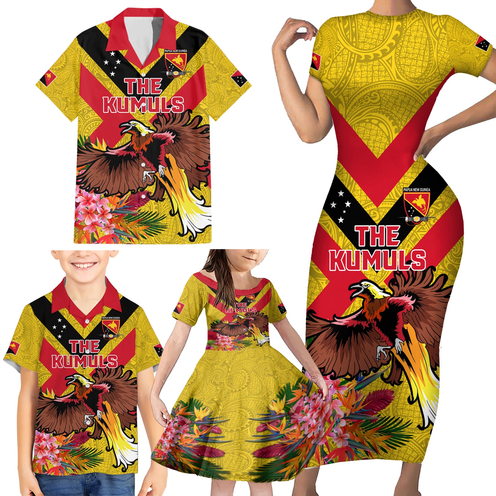 Custom Papua New Guinea Rugby Family Matching Short Sleeve Bodycon Dress and Hawaiian Shirt Bird of Paradise and Hibiscus Polynesian Pattern Yellow Color LT03