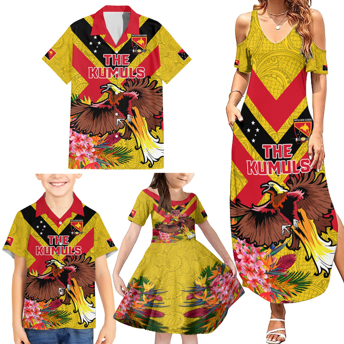 Custom Papua New Guinea Rugby Family Matching Summer Maxi Dress and Hawaiian Shirt Bird of Paradise and Hibiscus Polynesian Pattern Yellow Color LT03