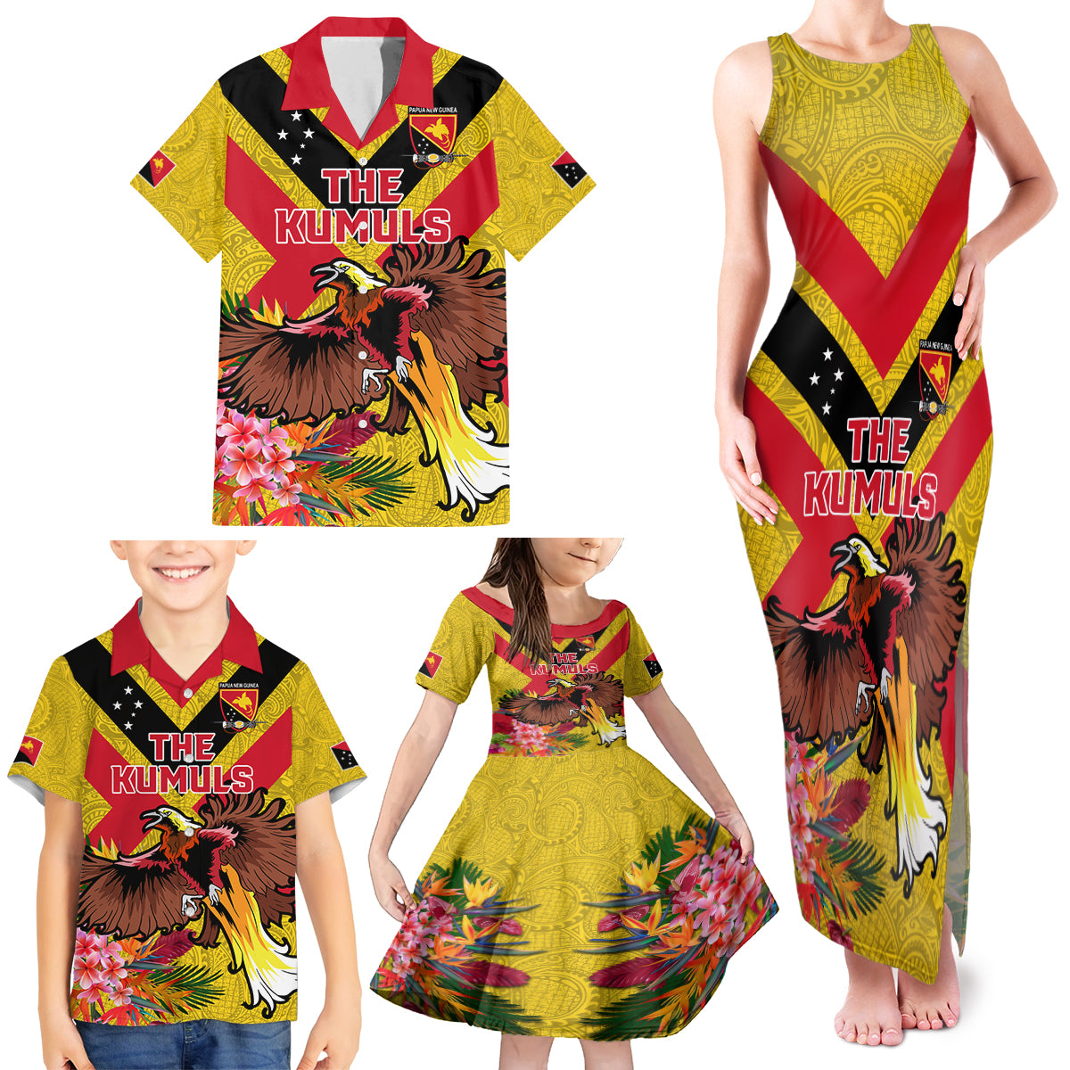 Custom Papua New Guinea Rugby Family Matching Tank Maxi Dress and Hawaiian Shirt Bird of Paradise and Hibiscus Polynesian Pattern Yellow Color LT03