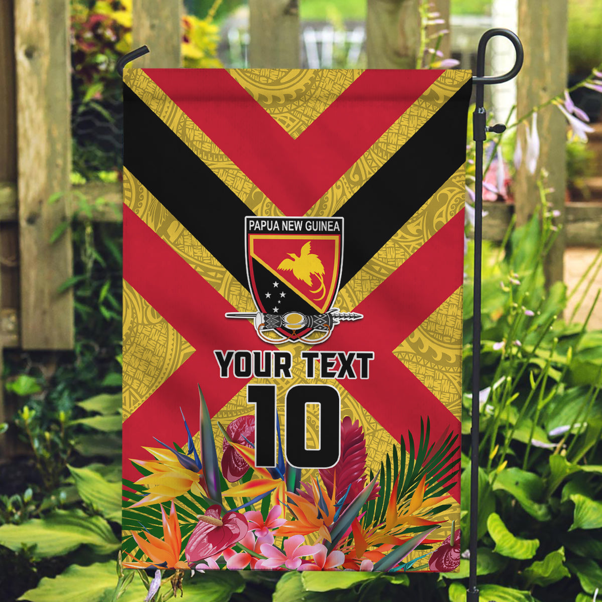 Custom Papua New Guinea Rugby Garden Flag Bird of Paradise and Hibiscus Polynesian Pattern Yellow Color