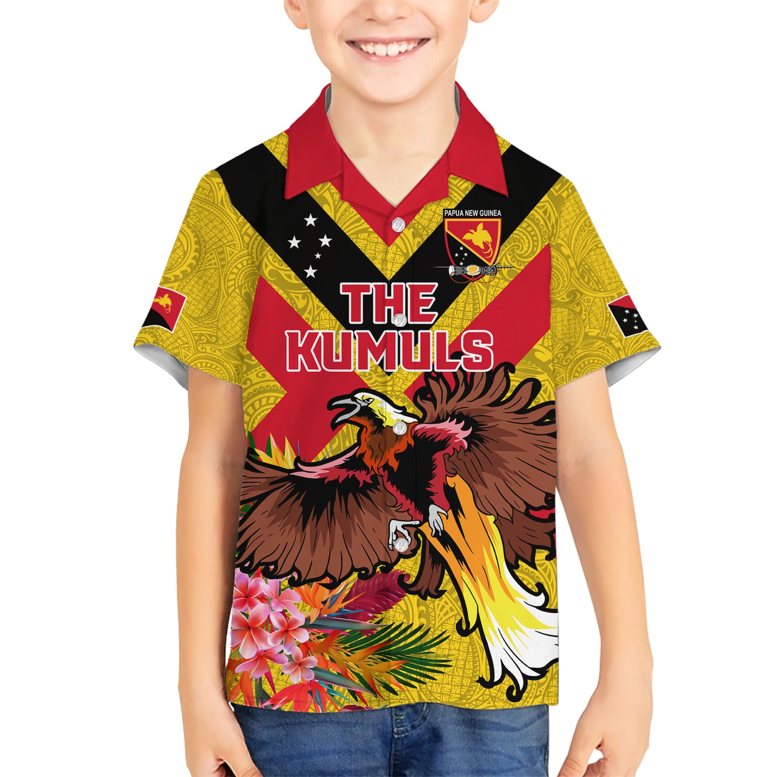Custom Papua New Guinea Rugby Kid Hawaiian Shirt Bird of Paradise and Hibiscus Polynesian Pattern Yellow Color LT03 Kid Yellow - Polynesian Pride