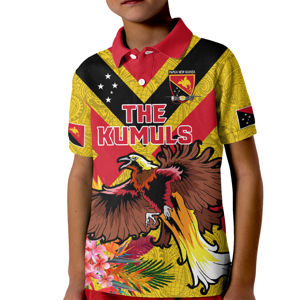 Custom Papua New Guinea Rugby Kid Polo Shirt Bird of Paradise and Hibiscus Polynesian Pattern Yellow Color LT03