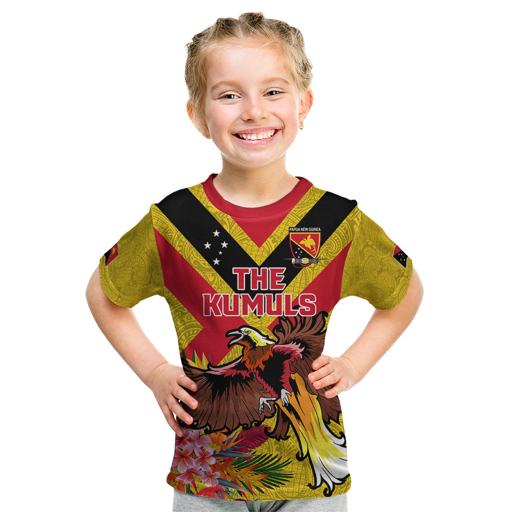 Custom Papua New Guinea Rugby Kid T Shirt Bird of Paradise and Hibiscus Polynesian Pattern Yellow Color LT03